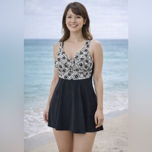 IT FIGURES! Size 10 "He Loves Me" DAISY Print EMPIRE WRAP Swim Dress in BLACK